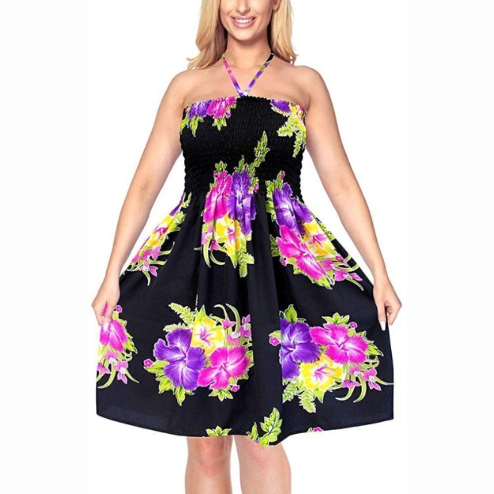 Women's Black & Purple Floral Beach Bikini Short Tube Dress Casual Midi Cover Up